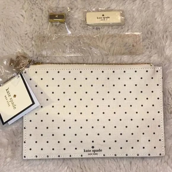 kate spade Handbags - NWT! KATE SPADE NEW YORK Canvas Polka Dot Stripe Pencil Pouch Clutch Makeup Bag